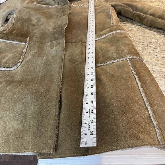 Vtg Gap Y2K Tan Suede Leather Patchwork Coat Womens Sz M Sherpa Lined Hooded - Picture 9 of 9